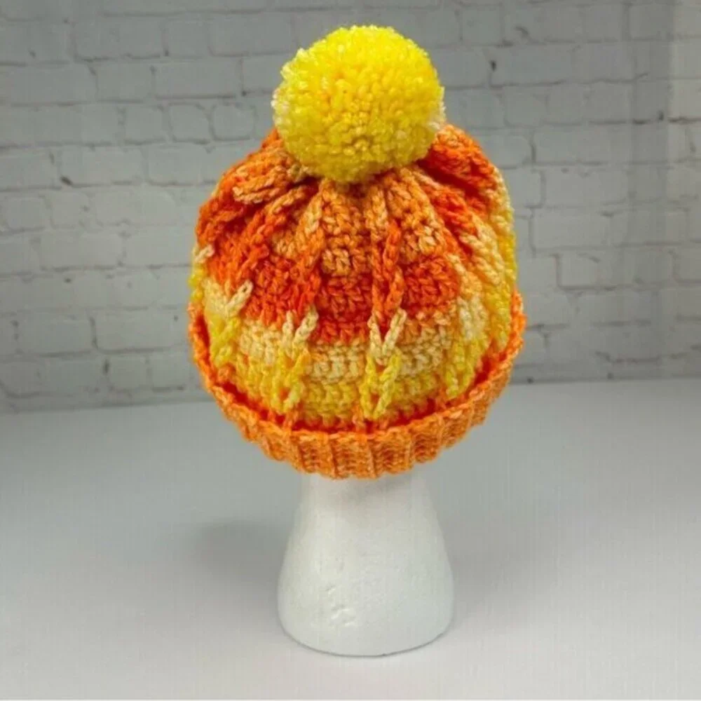 Created By Cyd Crochet Beanie Orange Yellow Gradient Pom Pom Cable Knit Hat NEW